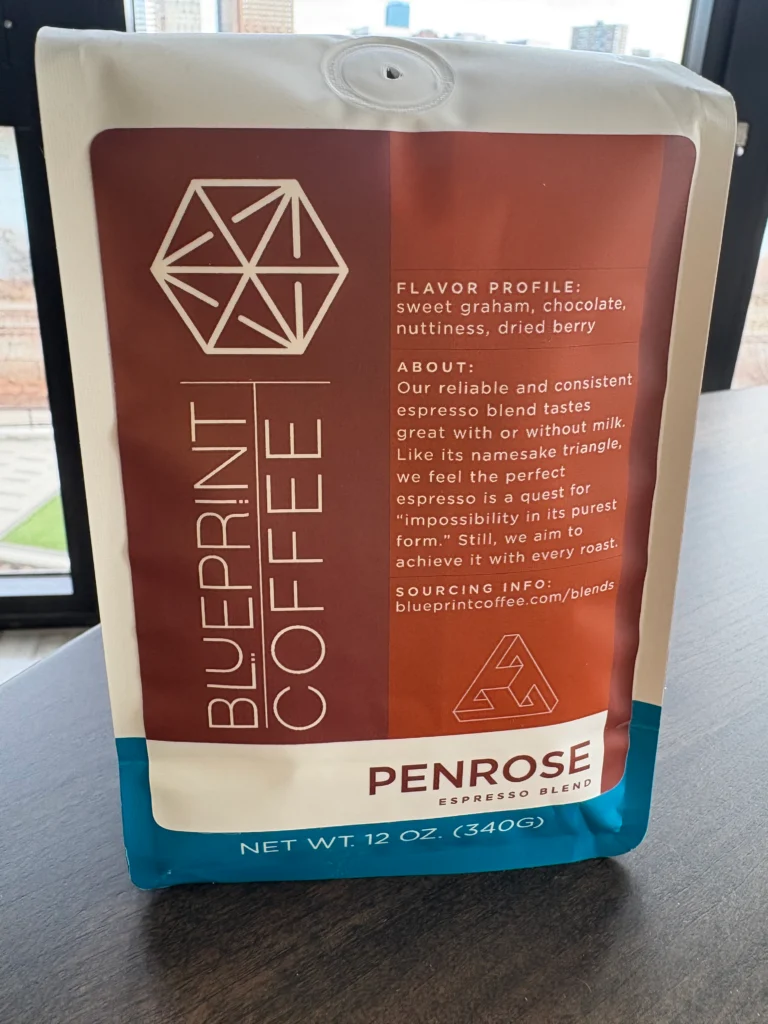 Front of the Blueprint Coffee Penrose Espresso Blend bag.