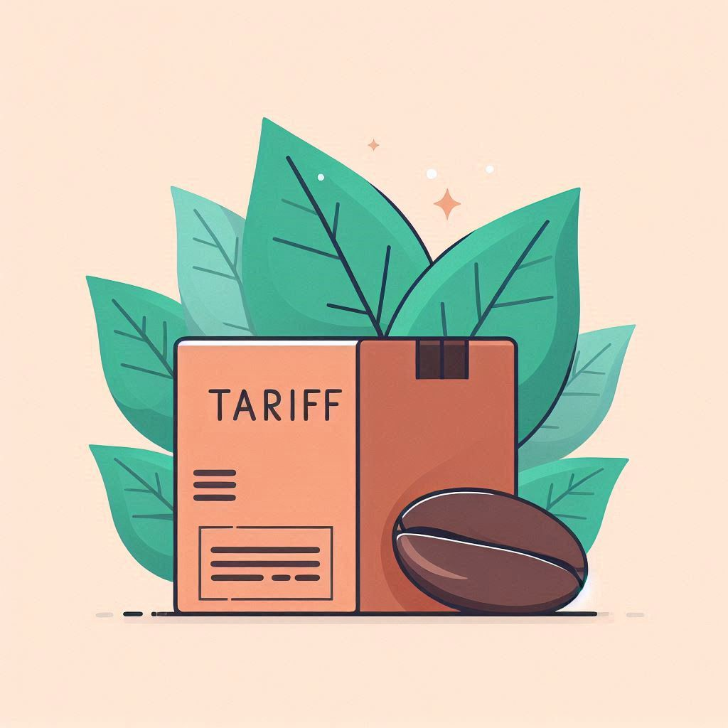 Animated coffee bean next to a box labeled "Tariff," representing the impact of tariffs on coffee prices.