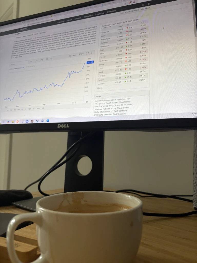 White latte mug next to a computer monitor displaying all-time high coffee prices for February 2025.