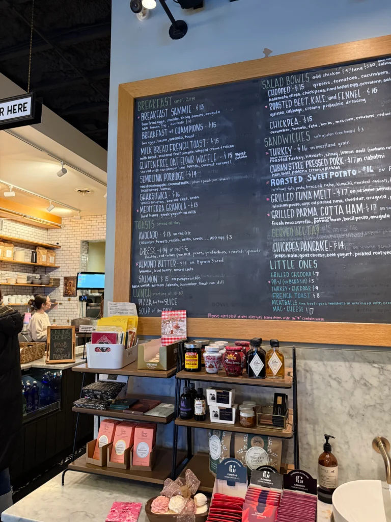 Mediterra Cafe menu on a black chalkboard featuring coffee, breakfast, and pastry options in Pittsburgh.